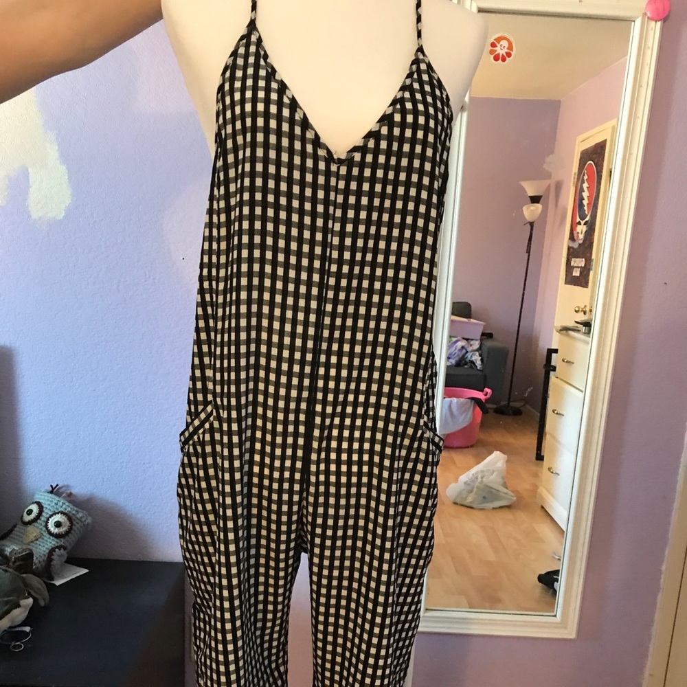 Long plaid overall/romper